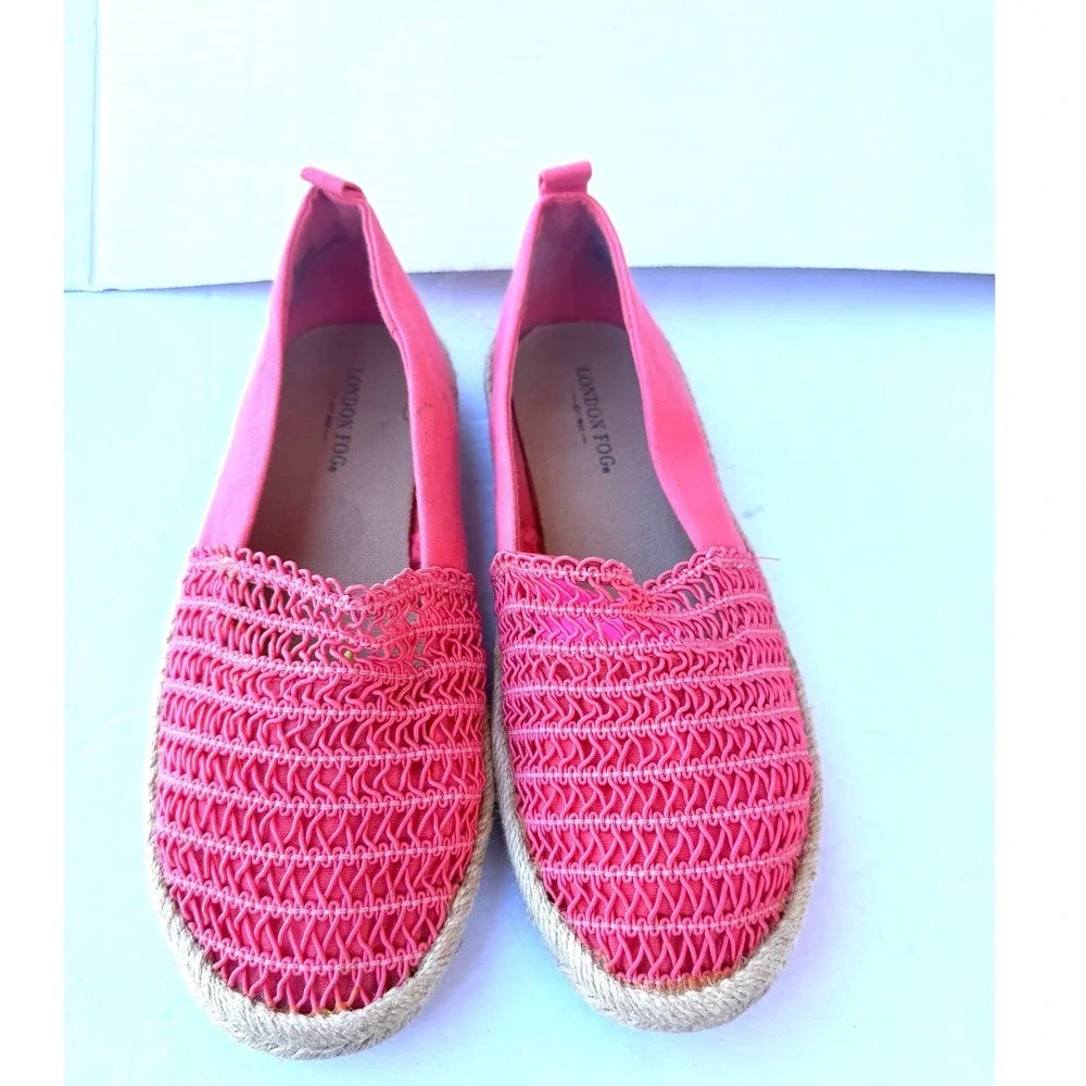 London Fog Coral Pink Espadrille Flat Woven Crochet Canvas Slip On Shoes 7W wide
